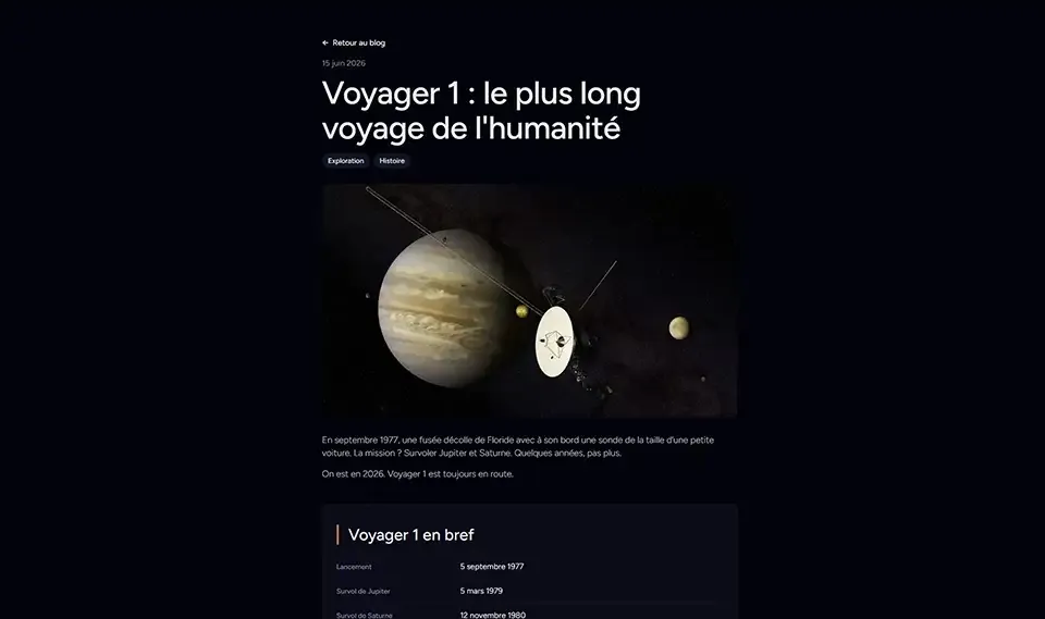 Vue d'un article de blog sur Voyager 1.